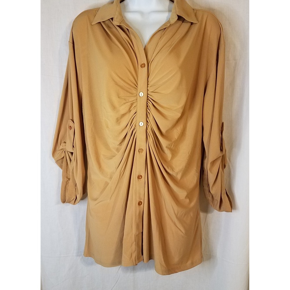 NY Collection Blouse Women's 1X Button Up Career Ruched Top NWT